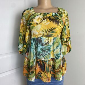 fig and flower womens blouse sz M floral tiered sheer whimsical balloon sleeve